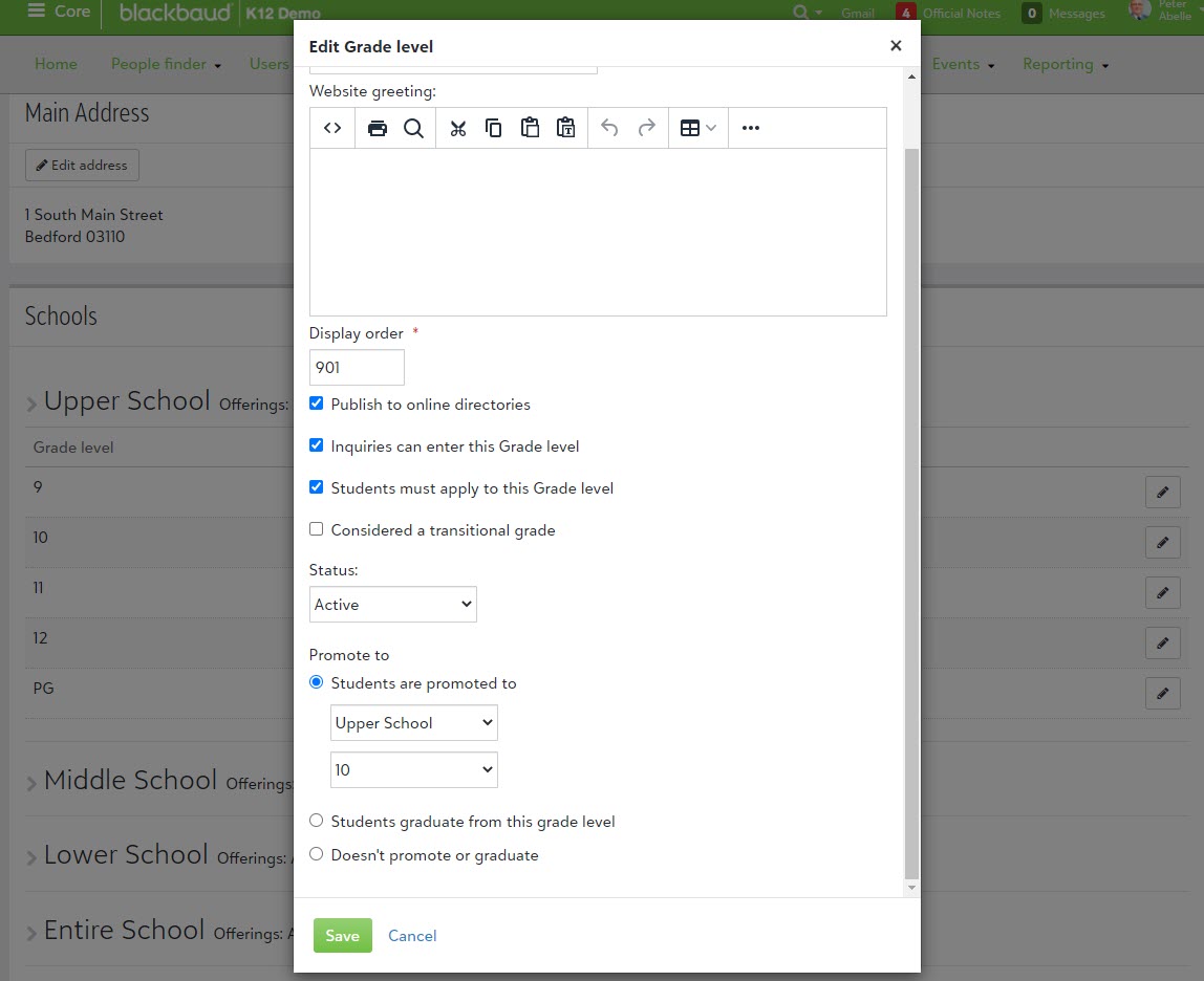 The Edit Grade level screen, where you can select which grade students are promoted to.